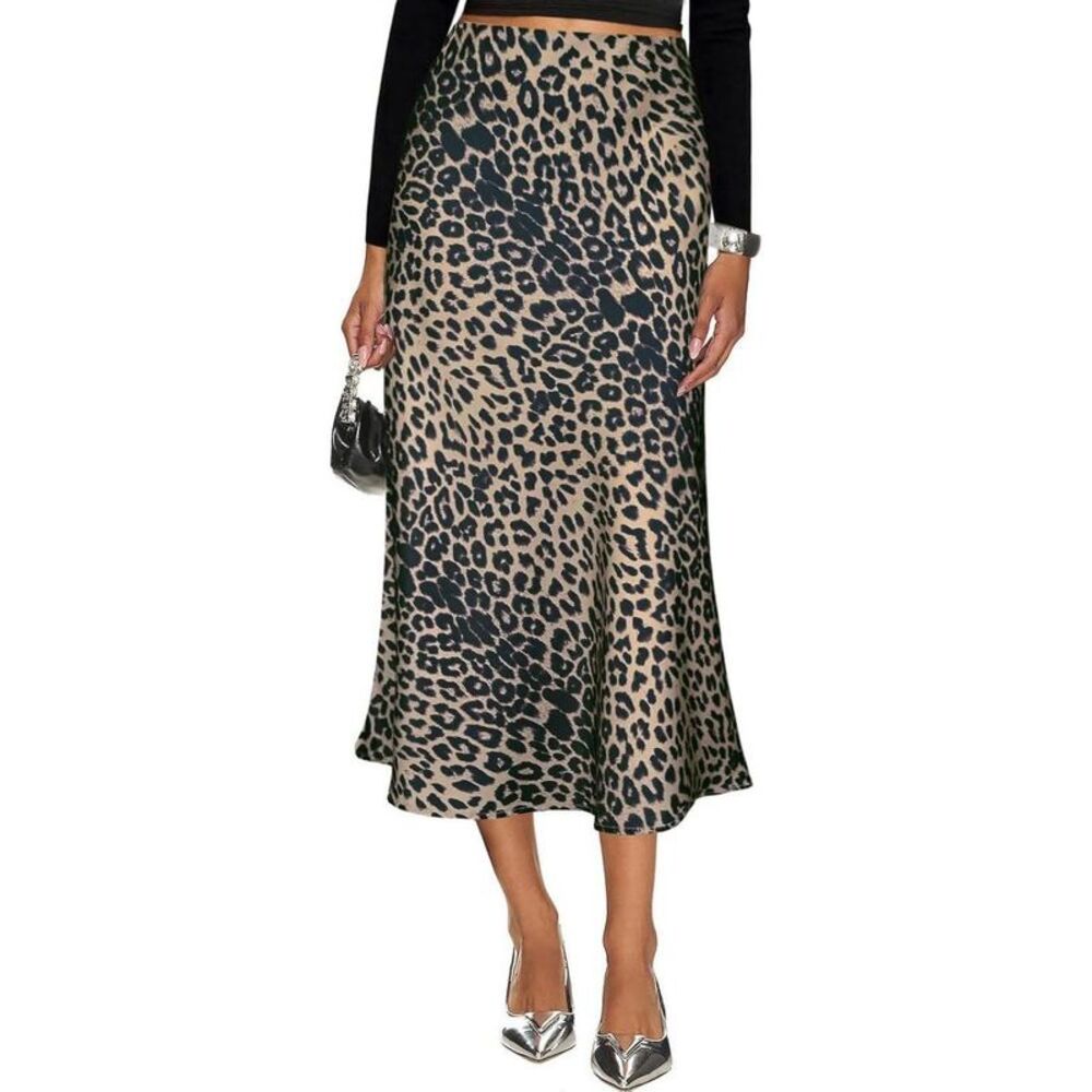 Cheetah Print Satin Midi Skirt - Women's High Waist A-Line Skirt Leopard